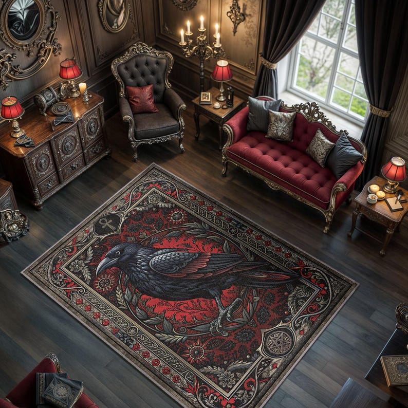 Gothic Rug For Library Gothic Raven Rug, Gothic Home Decor, Goth Crow Rug With Ankh Pentagram ...