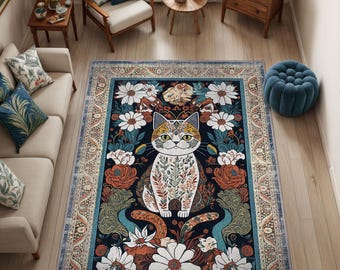 Whimsical Cat Rug, Cat Mom Gift, Boho Living Room Decor, Vintage Washable Rug, Colorful Rug, Gift for Cat Lovers, Cute Rug, Cat Room Decor