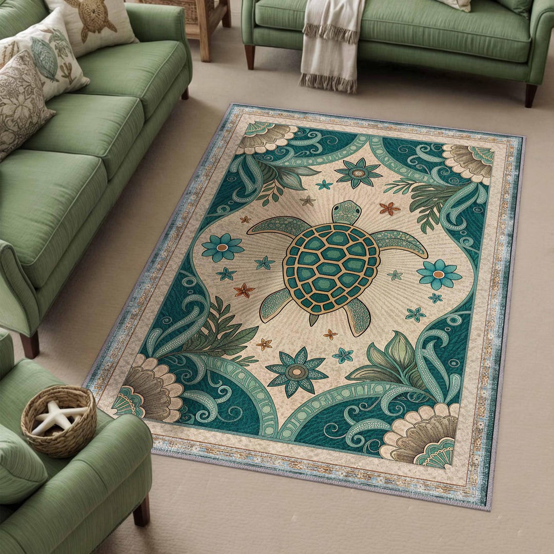 Sea Turtle Rug, Coastal Boho Decor, Washable Area Rug, Vintage Aquatic ...