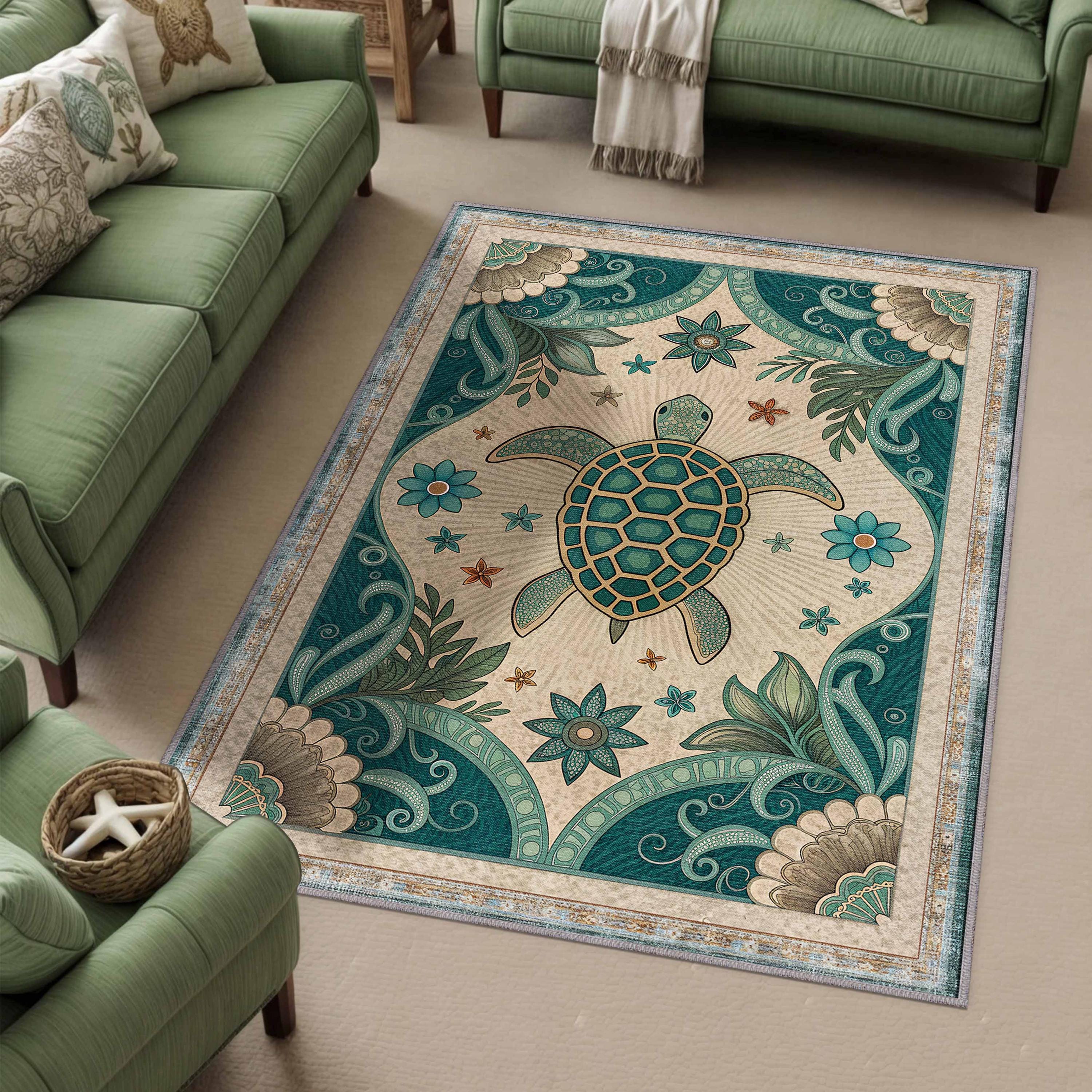 Sea Turtle Rug, Coastal Boho Decor, Washable Area Rug, Vintage Aquatic ...