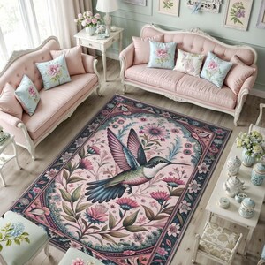 Hummingbird Rug, Pink Cottagecore Rug For Maximalist Home Decor, Bird Lover Gift, Pastel Romantic Rug, Washable Bird Rug, Hummingbird Decor