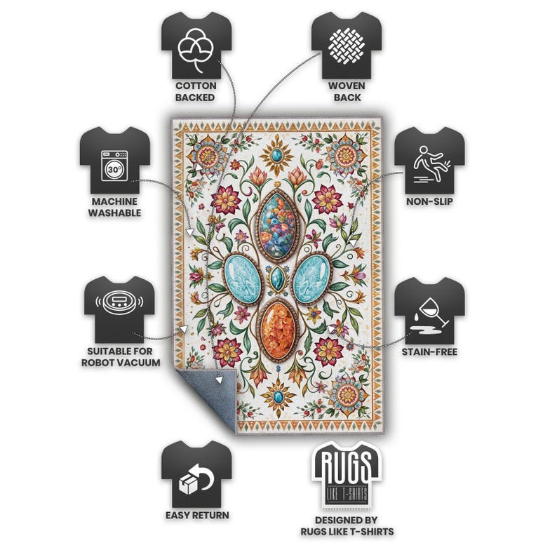 May include: A rectangular area rug featuring a central floral and gemstone-inspired pattern in shades of orange, blue, and green. The rug is surrounded by icons indicating features like cotton backing, machine washability, and non-slip properties.