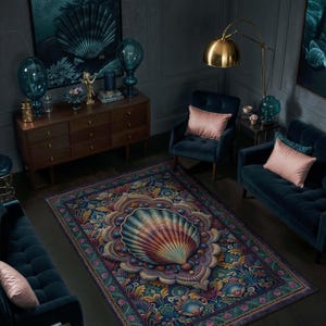 May include: A detailed area rug with a large seashell design in the center. The rug features a dark blue background with colorful floral and shell motifs. The seashell is a gradient of orange, pink, and blue. The room has dark blue furniture and decor.