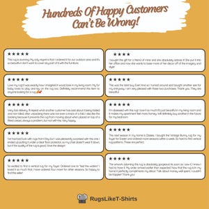 K&ouml;nnte beinhalten: Grafik mit Kundenbewertungen und Sternebewertungen, mit dem Text "Hundreds Of Happy Customers Can't Be Wrong!". Die Bewertungen loben die Qualit&auml;t, das Design und die positiven Kundenerfahrungen der Teppiche.