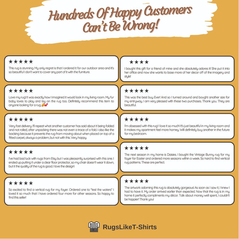 K&ouml;nnte beinhalten: Grafik mit Kundenbewertungen und Sternebewertungen, mit dem Text "Hundreds Of Happy Customers Can't Be Wrong!". Die Bewertungen loben die Qualit&auml;t, das Design und die positiven Kundenerfahrungen der Teppiche.