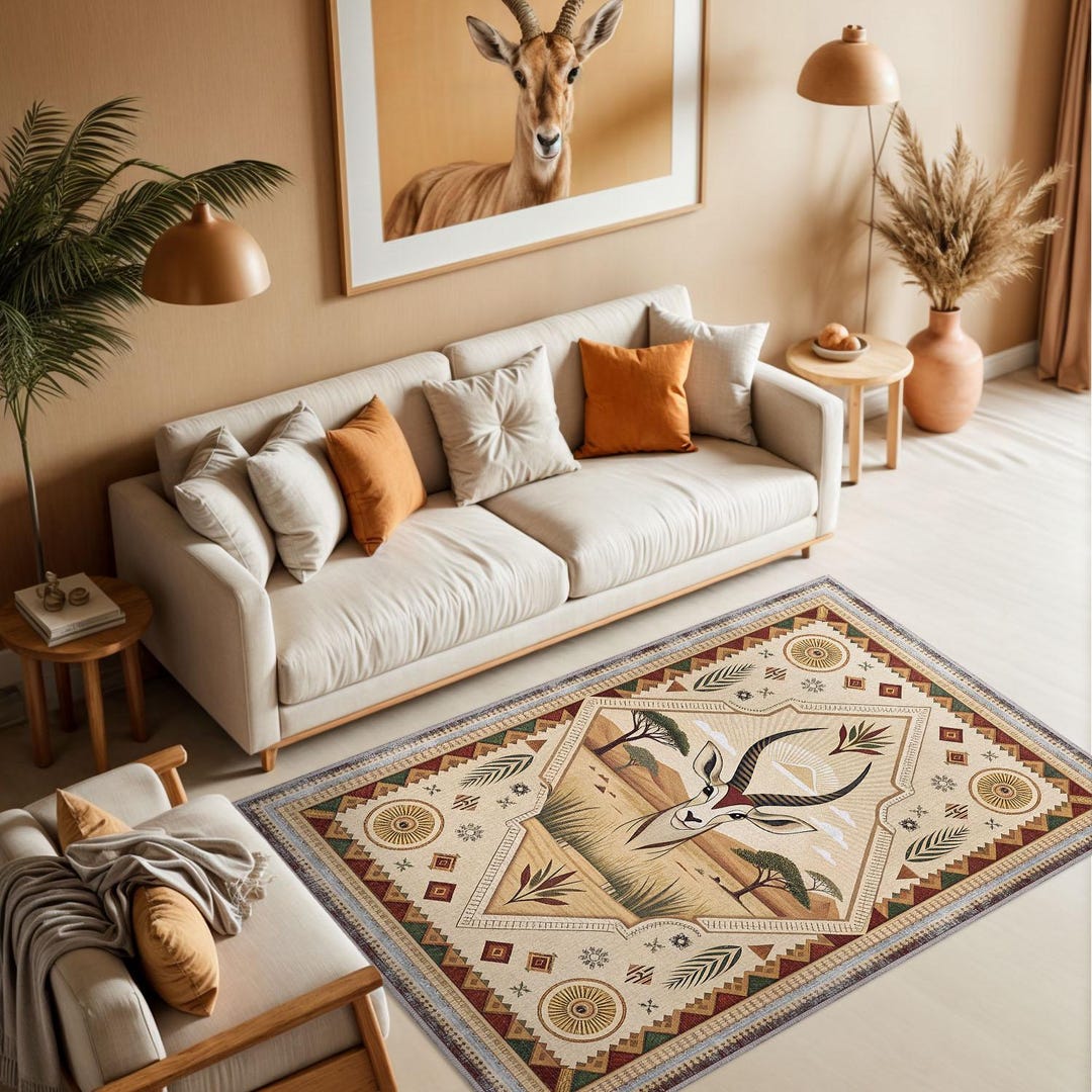 African Game Rugs Gazelle Area Rug, African Safari Decor, Washable Tribal Carpet, Earthy ...