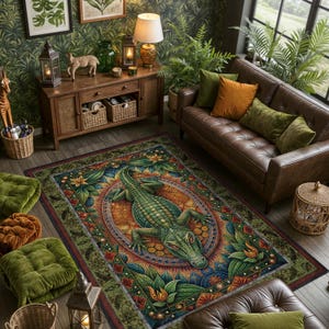 Alfombra de cocodrilo, decoración tropical, decoración de caimán, alfombra lavable maximalista, arte animal caprichoso, alfombra artística y divertida, decoración selvática moderna