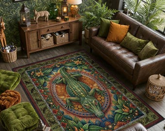 Crocodile Rug, Tropical Decor, Alligator Decor, Maximalist Washable Rug, Whimsical Animal Art, Artistic Funky Area Rug, Cool Jungle Decor