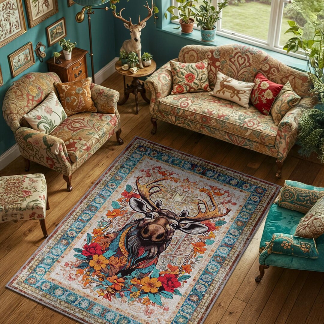 Maximilast Rug Moose Rug With Flowers for Winter Decor, Colorful Maximalist Rug for ...