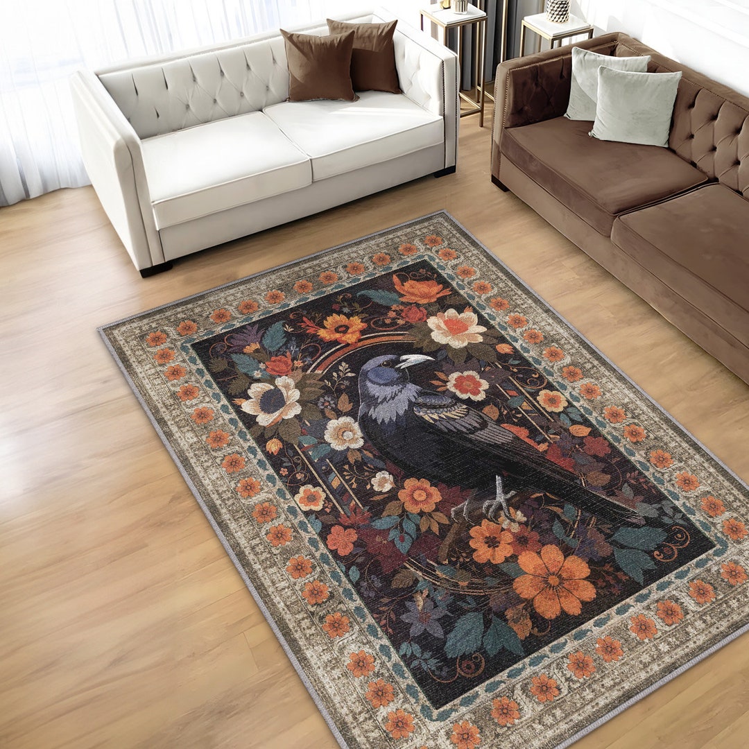 Raven Rug for Goth Room Decor, Vintage Look Crow in Flowers Rug, Dark