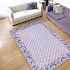Lavender Checkered Rug, Lavender And White Rug, Purple Border Rug, Modern Purple Rug For Aesthetic Living Room Decor, Pastel Purple Rug