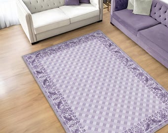 Lavender Checkered Rug, Lavender And White Rug, Purple Border Rug, Modern Purple Rug For Aesthetic Living Room Decor, Pastel Purple Rug