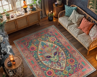 Könnte beinhalten: Ein farbenfroher Teppich mit einem Alien-Gesicht-Design. Der Teppich zeigt einen zentralen Alien-Kopf, umgeben von floralen Mustern in Grün, Blau, Orange und Rosa. Der Teppich hat einen roten Rand und liegt auf einem Holzboden.