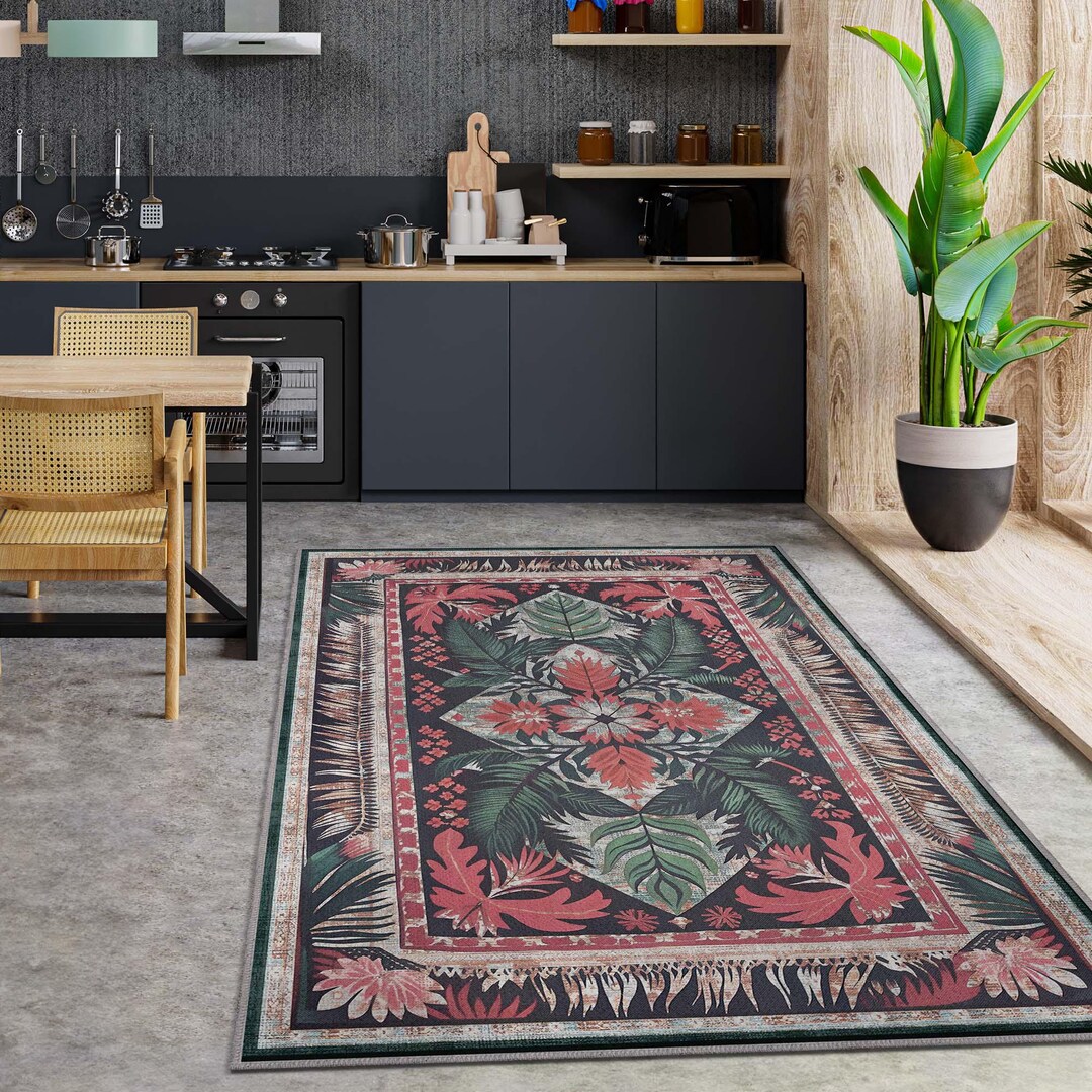 Vintage Leaf Rug for Floral Home Decor, Tropical Jungle Rug for Bedroom ...