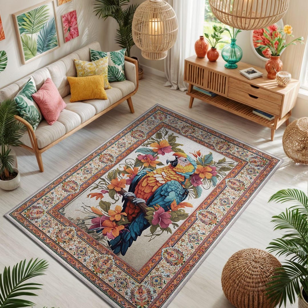 Parros Rugs Art Deco Rustic Parrot Rug, Exotic Rug for Tropical Living Room Decor ...