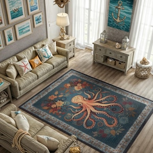 Vintage Octopus Rug, Nautical Area Rug, Coastal Ocean Rug, Marine Life Home Decor, Blue Sea Creature Rug, Coastal Living Room Decor