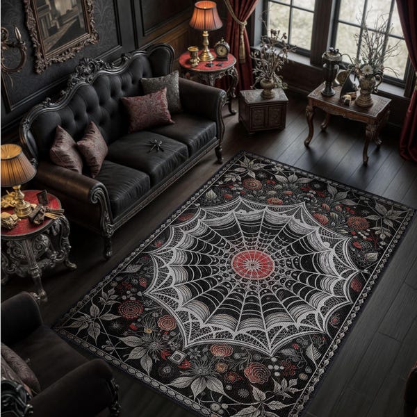 Alfombra gótica de telaraña, decoración de academia oscura en rojo y negro, alfombra gótica victoriana, decoración whimsigoth, decoración de hogar de brujas, decoración de habitación maximalista