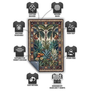 May include: Rectangular area rug with a tropical forest design featuring palm trees, lush greenery, and vibrant flowers. The rug has a woven back, is cotton-backed, machine washable, stain-free, non-slip, and suitable for robot vacuums. The rug is designed by Rugs Like T-Shirts.