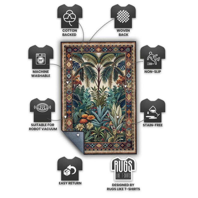 May include: Rectangular area rug with a tropical forest design featuring palm trees, lush greenery, and vibrant flowers. The rug has a woven back, is cotton-backed, machine washable, stain-free, non-slip, and suitable for robot vacuums. The rug is designed by Rugs Like T-Shirts.
