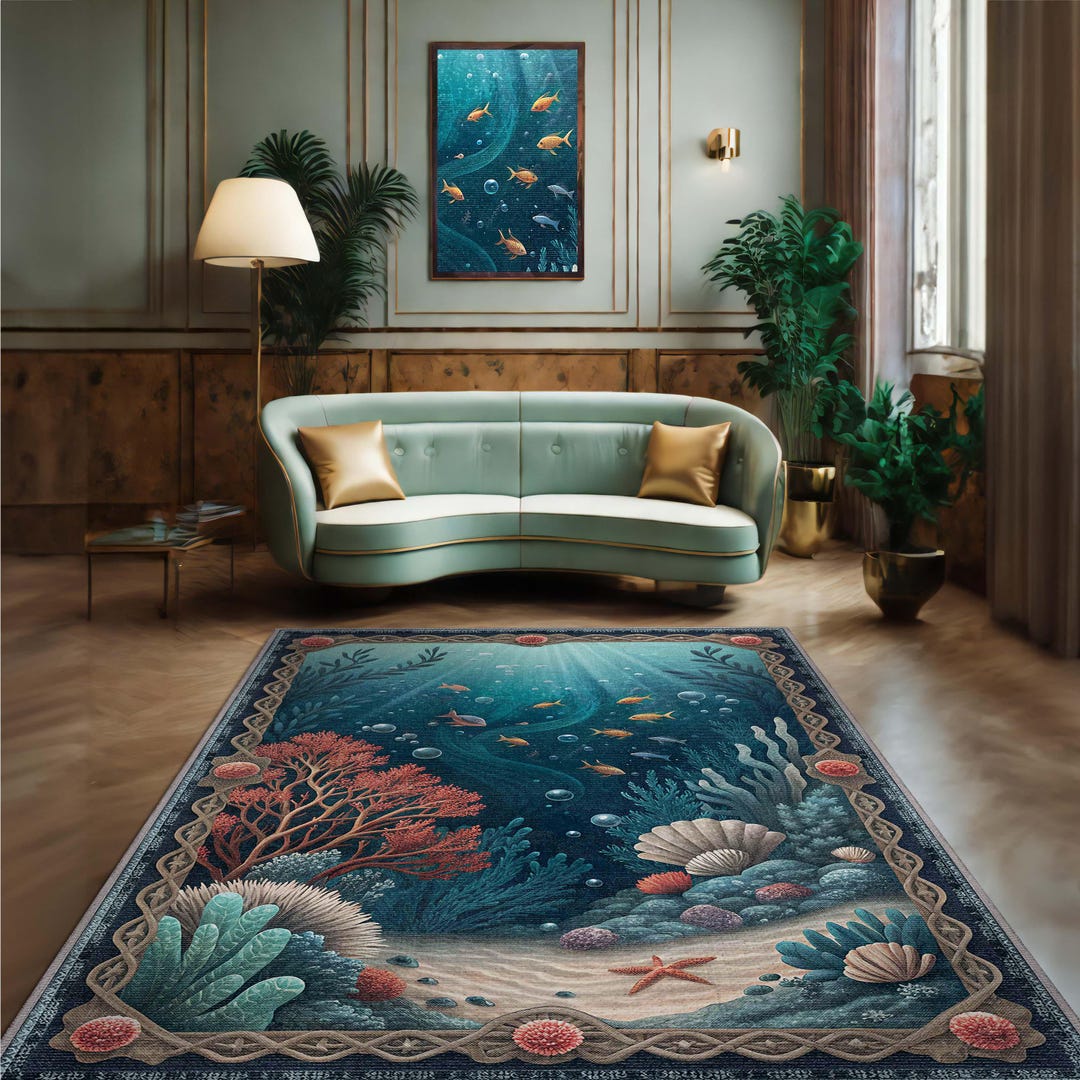 Ocean Theme Rug Under the Sea Rug – Ocean Theme Washable Carpet With Coral Reef & Fish ...