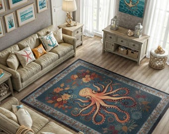 Nautical Octopus Rug – Coastal Living Room Decor, Washable Ocean Themed Area Rug