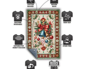Vintage Christmas Bells Rug, Festive Holiday Rug, Washable Area