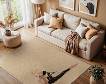 Tappeto Pilates Girl, decorazioni per studio Pilates, tappeto astratto con figura femminile, decorazioni per sala fitness, tappeto minimalista beige in stile boho