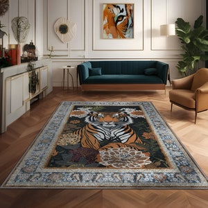 Tiger Rug, Decorative Rug For Bold Decor, Maximalist Home Decor, Colorful Washable Rug For Flamboyant Home Decor, Living Room, Fierce Decor