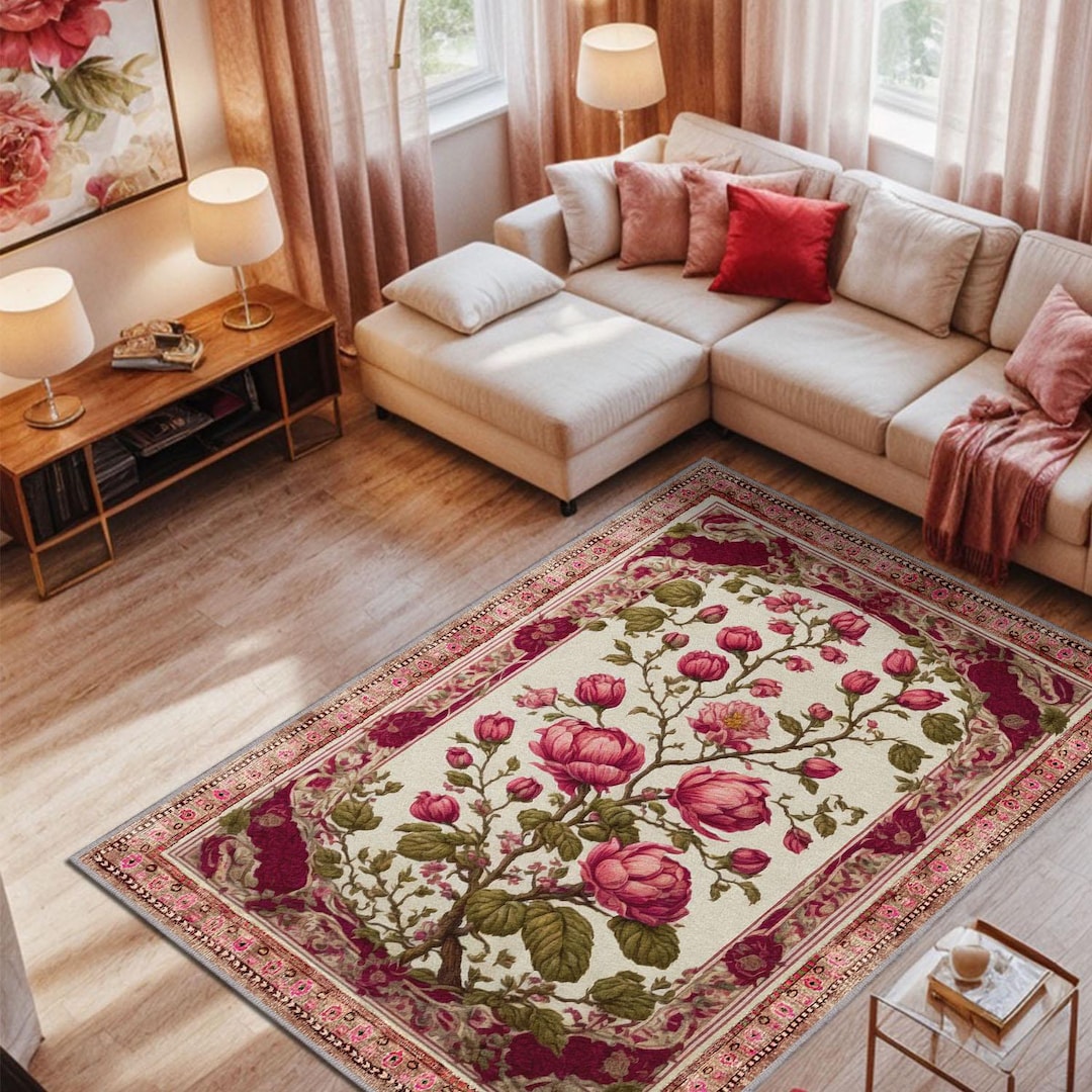 Pink Bloom Rug Pink Rug, Vintage Rose Bloom Rug for Living Room, Washable Rug for ...