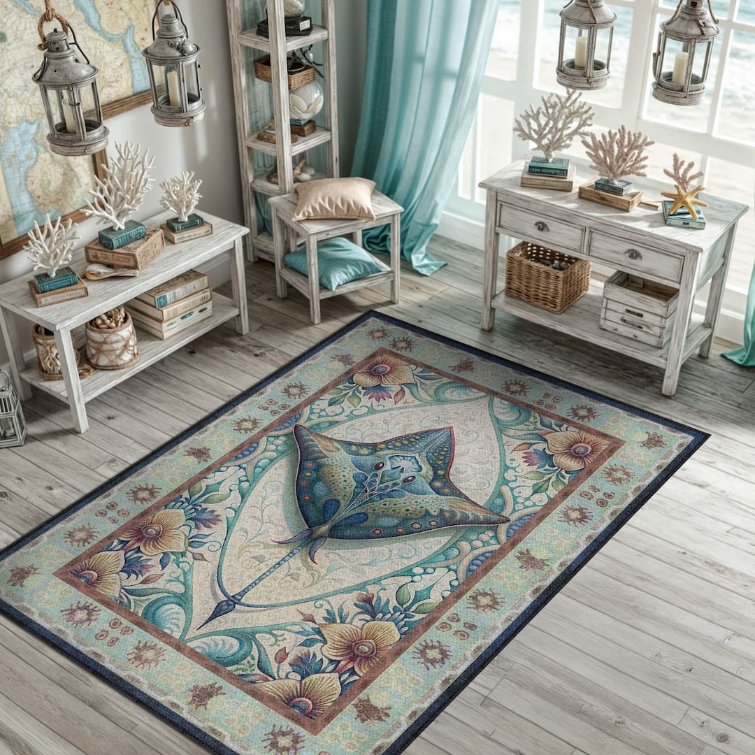 Boho Style Sea Rug for Ocean Inspired Decor, Stingray Art Washable Rug ...