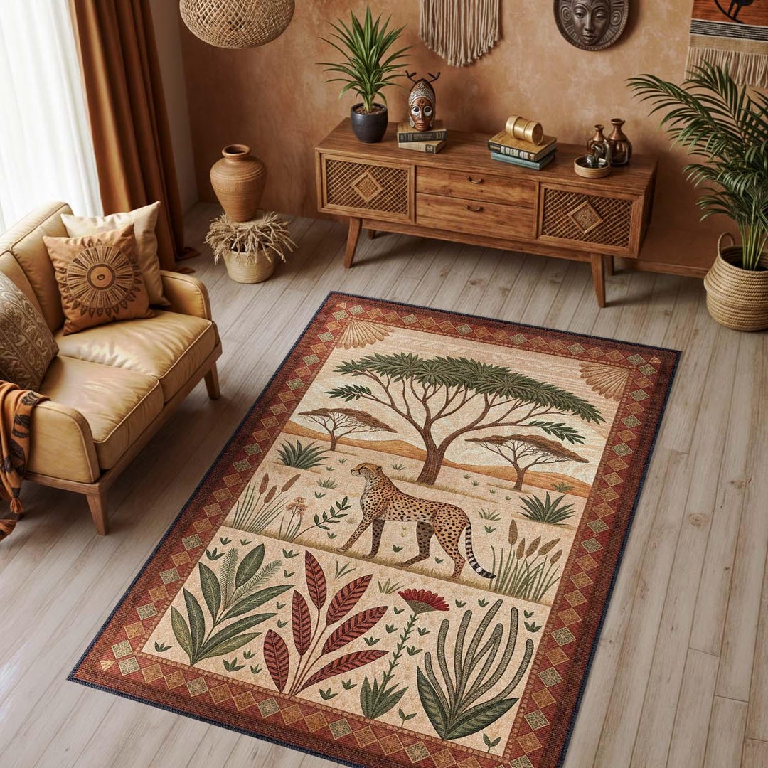 African Game Rugs Cheetah Safari Rug, African Savanna Decor, Washable Area Rug, Tribal ...
