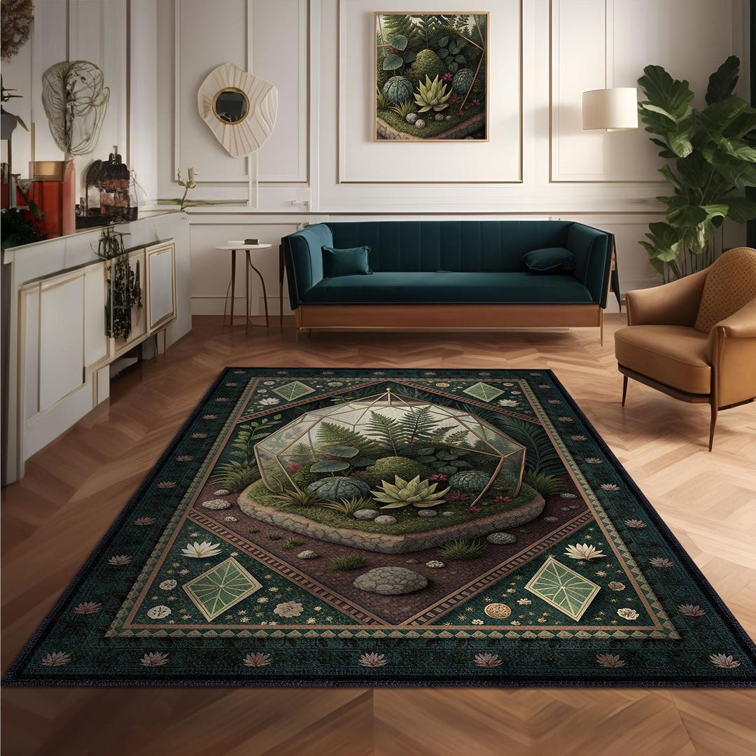 Terrarium Garden Rug, Green Washable Rug, Botanical Greenhouse Carpet ...