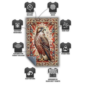 May include: A rectangular area rug featuring a detailed illustration of a falcon. The rug has a cotton backing, is machine washable, and suitable for robot vacuums. It is non-slip and stain-free. The rug is designed by Rugs Like T-Shirts.