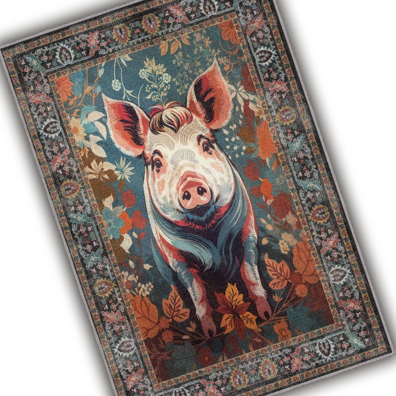 Vintage Farmhouse Decor Pig Rug, Cute Animal Rug for Maximalist Home Decor, Colorful Flower Rug