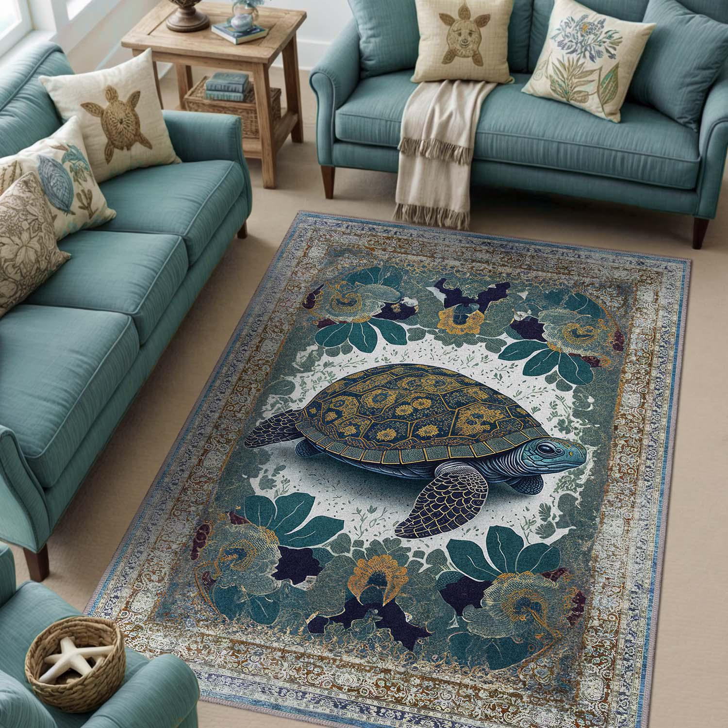 Sea Turtle Decor Rug, Vintage Art Deco Turtle and Flowers Rug, Beach ...