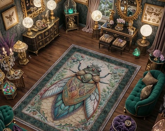 Cicada Area Rug, Goblincore Room Decor, Washable Insect Carpet, Art Nouveau Botanical Mat, Entomology Home Decor, Weirdcore Bug Accent