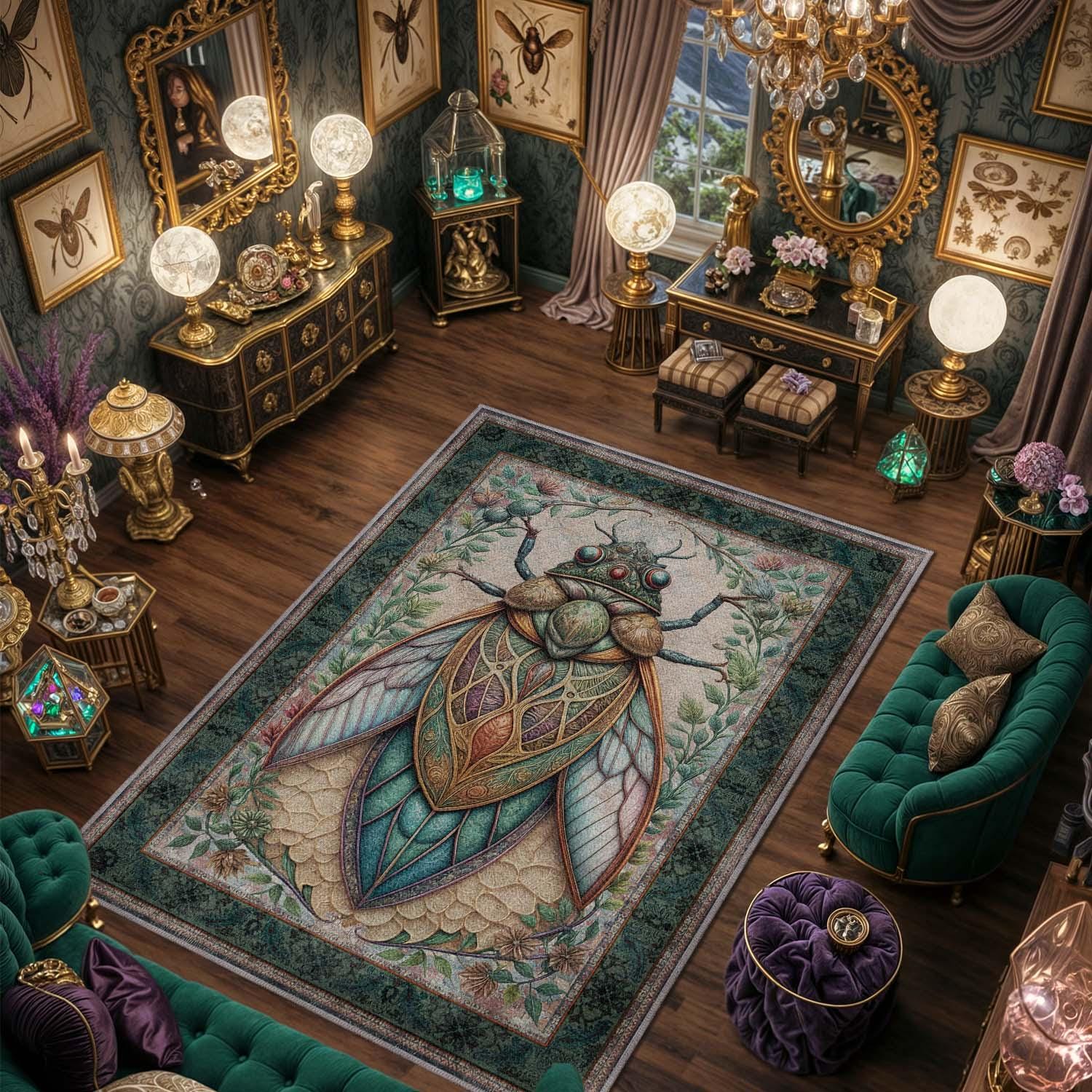 Cicada Area Rug, Goblincore Room Decor, Washable Insect Carpet