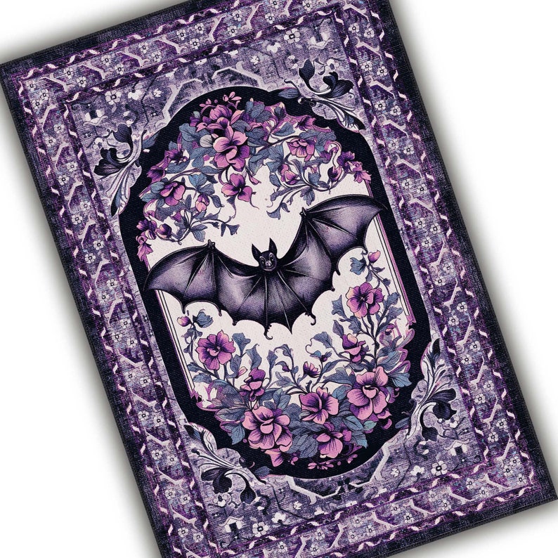 May include: A rectangular rug with a gothic design. The rug features a central image of a bat with outstretched wings, surrounded by purple flowers and foliage. The border is a patterned design in shades of purple and black.