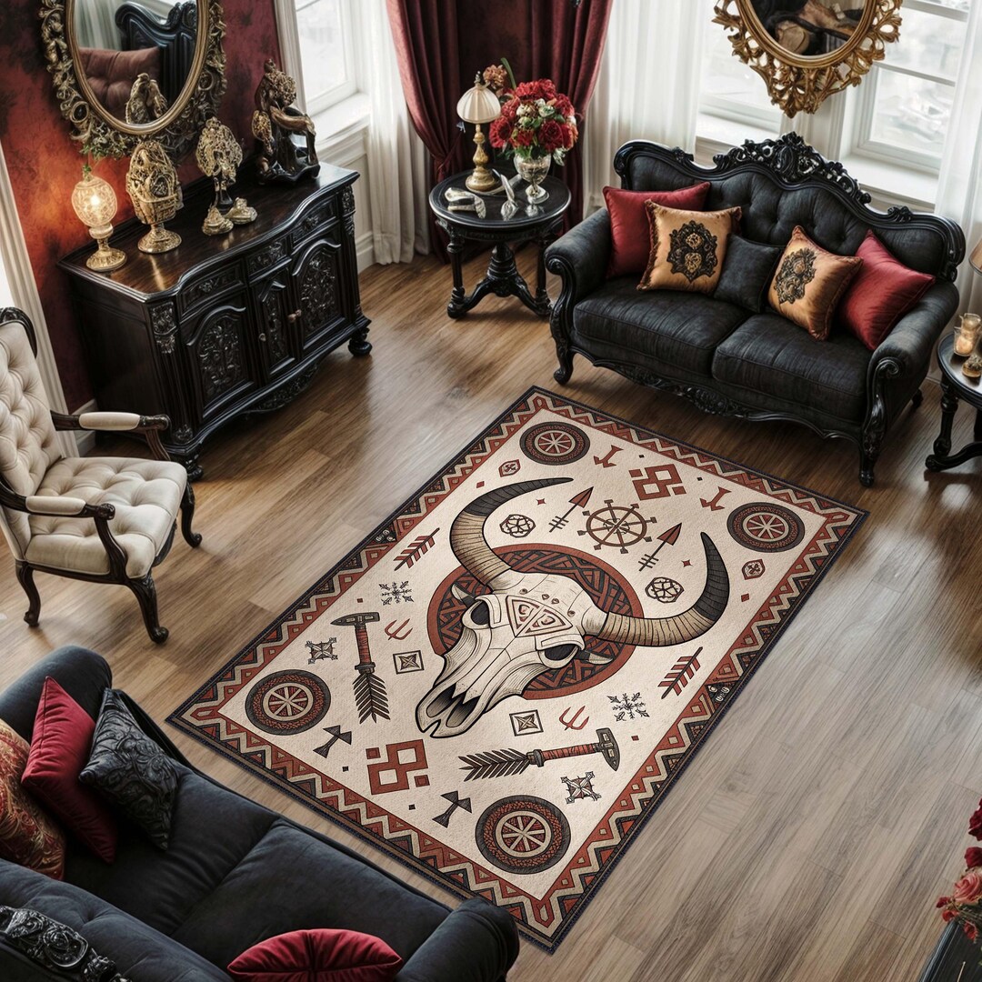 Viking Bull Skull Rug, Tribal Boho Area Rug, Western Decor, Rustic ...