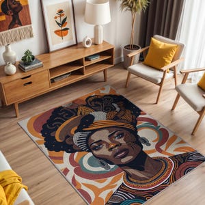 Art Deco African Woman Rug, Ethnic Rug, Colorful Rug, Cool Home Decor, Modern Living Room Decor, Artsy Rug, Artistic Decor, Black Woman Art