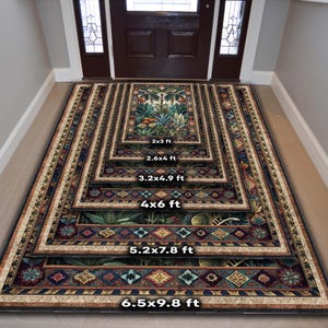 May include: A set of decorative rugs in various sizes, featuring a botanical design with lush green foliage and colorful floral accents. The rugs range from 2x3 ft to 6.5x9.8 ft, suitable for a variety of spaces. The rugs have a dark border.