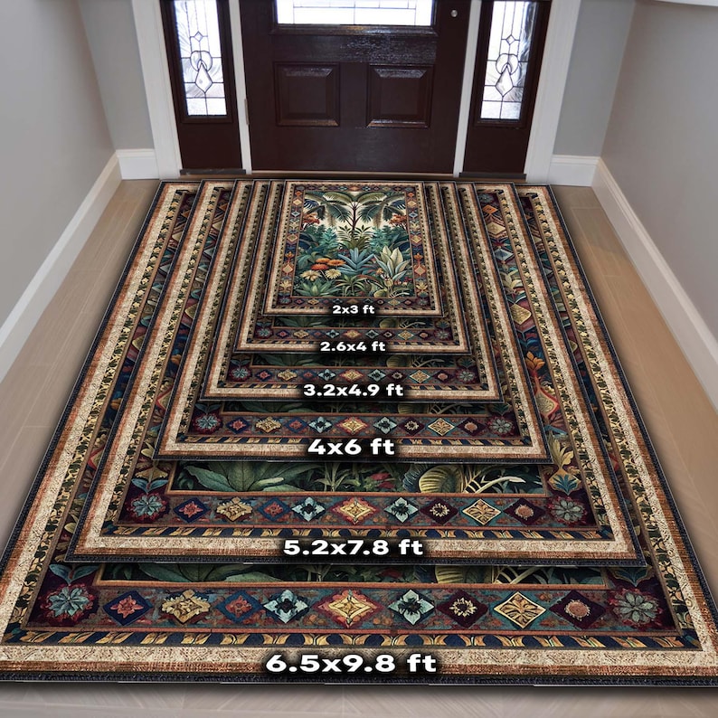May include: A set of decorative rugs in various sizes, featuring a botanical design with lush green foliage and colorful floral accents. The rugs range from 2x3 ft to 6.5x9.8 ft, suitable for a variety of spaces. The rugs have a dark border.