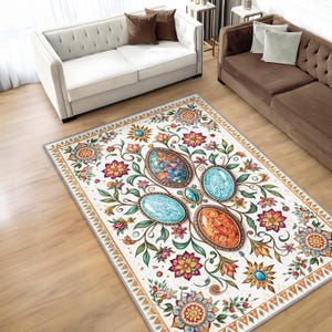 Floral Opal Gemstone Rug For Aesthetic Home Decor, Antique Rug For Living Room, Bohemian Rug For Rustic Decor, Washable Vintage Floral Rug
