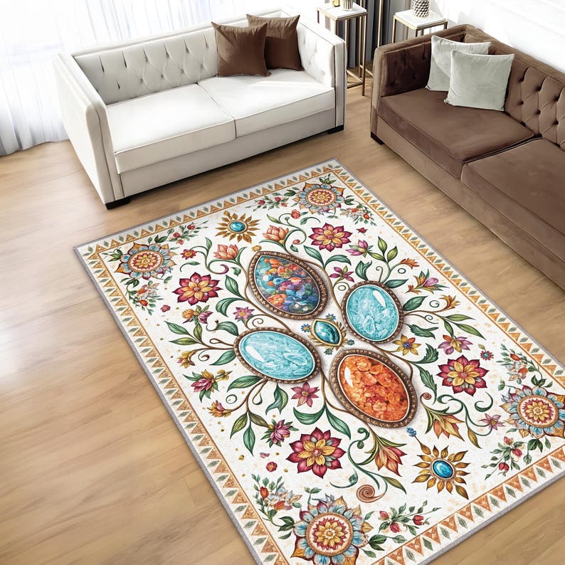 Floral Opal Gemstone Rug For Aesthetic Home Decor, Antique Rug For Living Room, Bohemian Rug For Rustic Decor, Washable Vintage Floral Rug