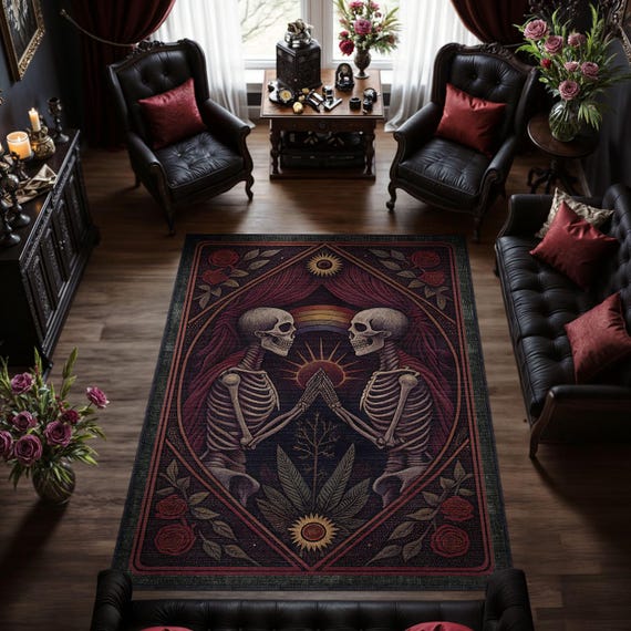 Gothic Skeleton Lovers Rug, Tarot Card Aesthetic Carpet, Washable Area Rug, Macabre Romantic Decor, Witchy Room Accent, Dark Floral Mat