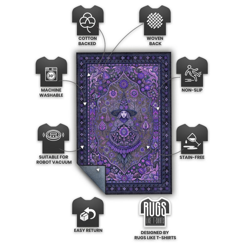 Puede incluir: Alfombra rectangular morada con dise&ntilde;o de bruja y patrones florales. Lavable a m&aacute;quina, con respaldo de algod&oacute;n, tejido, antideslizante y resistente a las manchas. Apto para robots aspiradores y f&aacute;cil de devolver. Dise&ntilde;ado por Rugs Like T-Shirts.