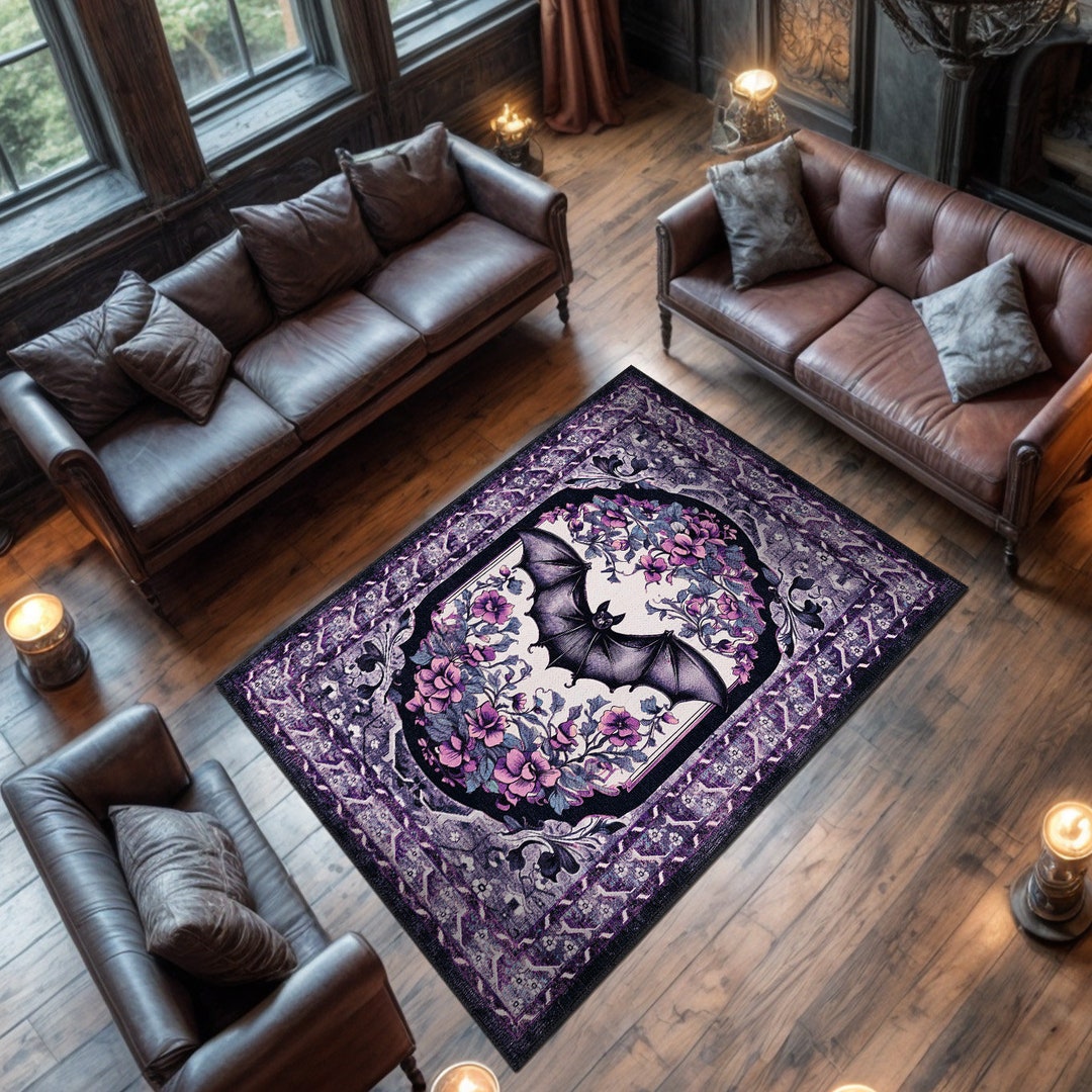 Washable Goth Rug for Gothic Home Decor, Purple Rococo Rug, Gothic Bat