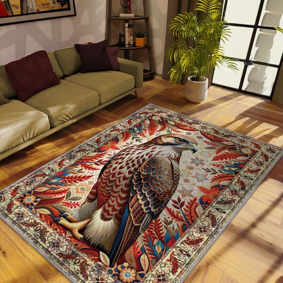 Hawk Rug, Red Tailed Hawk Vintage Rug, Washable Rug For Rustic Home Decor, Maximalist Rug For Country Home Decor, Native American Symbolism
