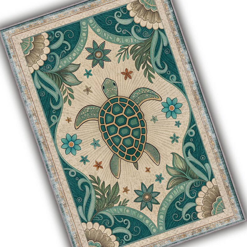 Sea Turtle Rug Pattern Sea Turtle Rug, Coastal Boho Decor, Washable Area Rug, Vintage Aquatic ...