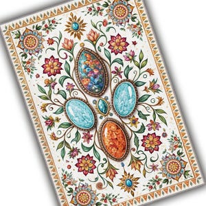 May include: A rectangular mat featuring a cream background with a repeating pattern of colorful flowers, green vines, and four prominent oval-shaped gemstone-like motifs in shades of blue, orange, and multicolored floral textures.